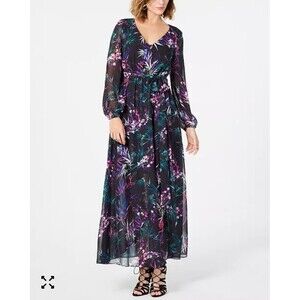 Nine West Dark Floral Maxi Dress Womens Size 16 Long Sleeve Fit & Flare Tie Wais